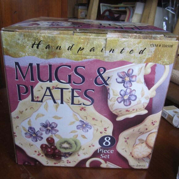 FLORAL MUGS & PLATE SET, CERAMIC HAND PAINTED DESSERT SET OF 4 - Picture 3 of 5